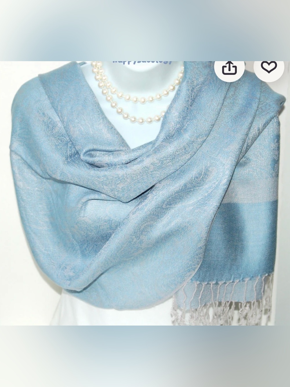 pashmina Light Blue Floral Jacquard Wrap with Fringe 70% pashmina 30% silk